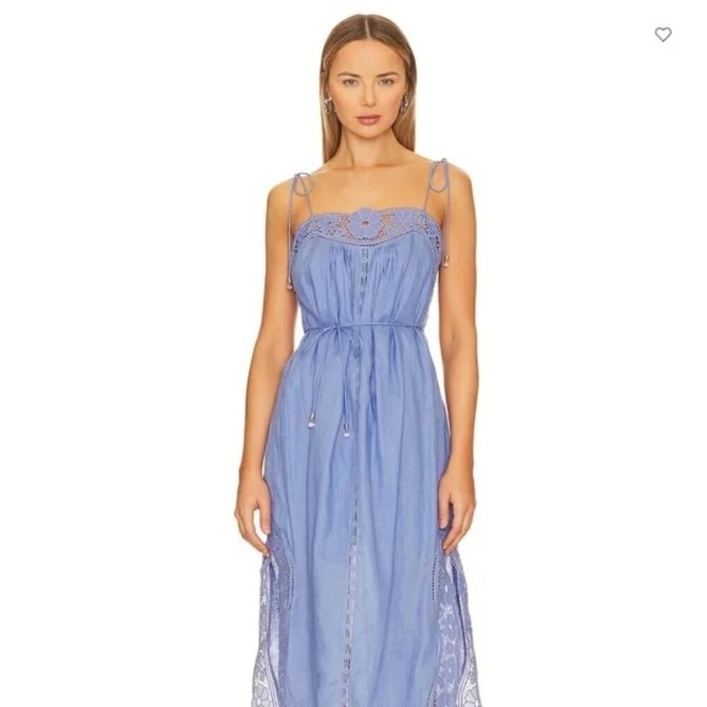 Zimmermann August Belted Linen Midi Dress in Dusty Blue – Size 3 (US 8/10)